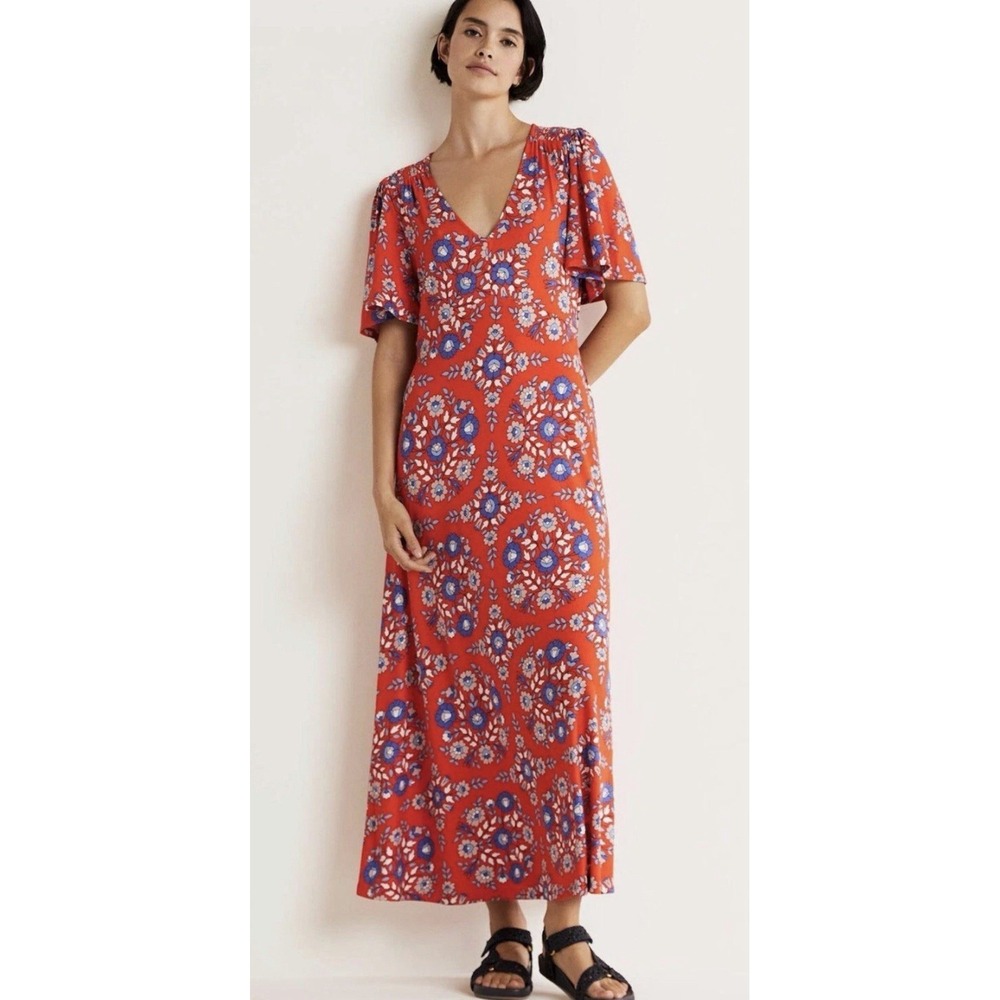 Boden Jersey Tea Dress Wildflower Prairie Orange Floral Flutter Sleeve Size 8